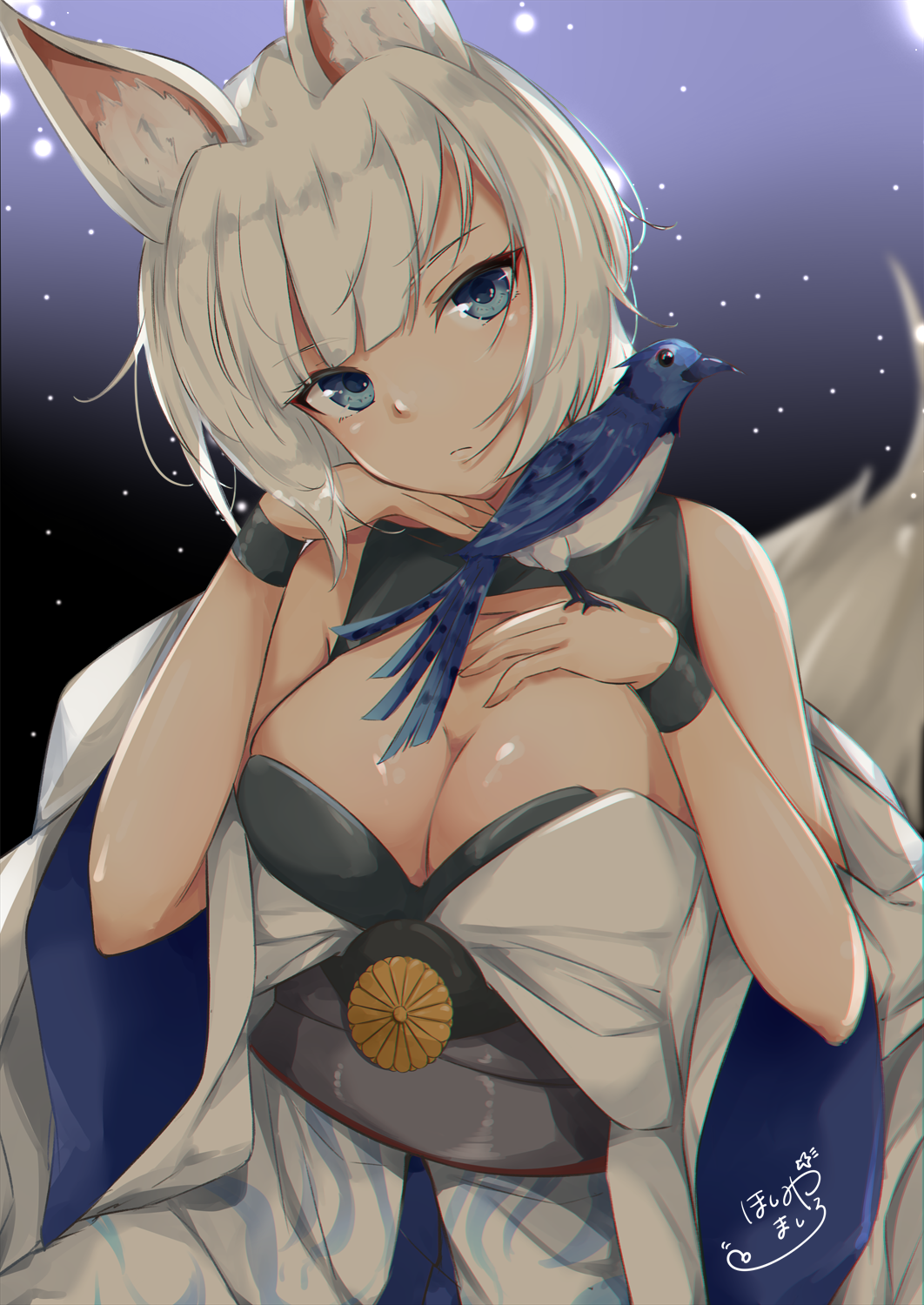 1girl animal animal_ears animal_on_hand azur_lane bangs bird blue_eyes blunt_bangs breasts cleavage expressionless eyebrows_visible_through_hair fox_ears fox_tail hand_on_own_chest head_on_hand head_tilt highres hoshimiya_mashiro japanese_clothes kaga_(azur_lane) large_breasts light_particles looking_at_viewer multiple_tails short_hair sidelocks signature solo tail white_hair wide_sleeves wrist_cuffs