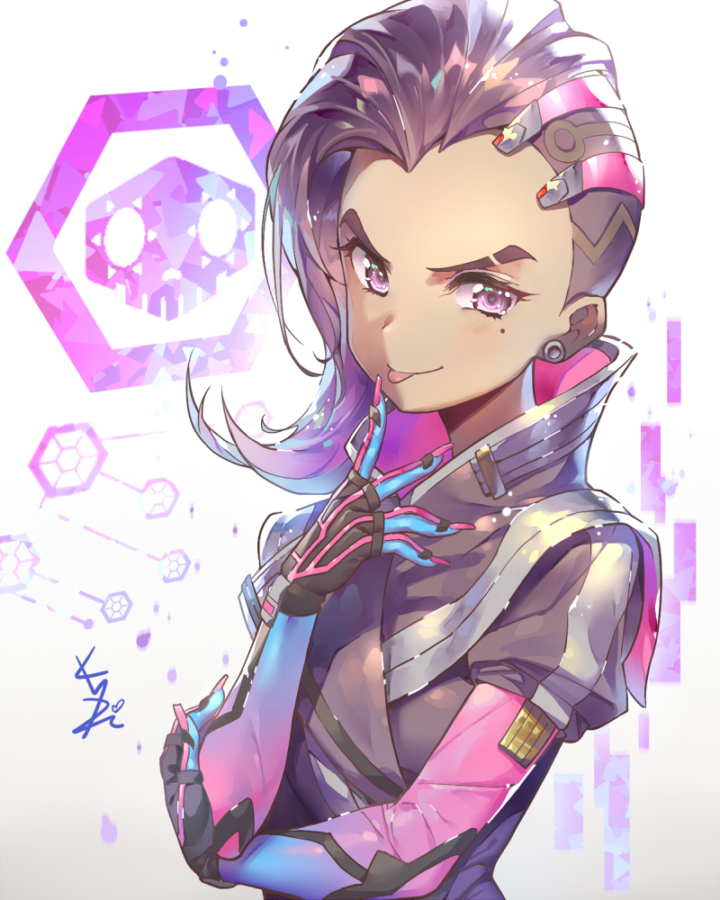 1girl artist_name asymmetrical_hair black_gloves blush bodysuit brown_hair coat crossed_arms earrings eyelashes finger_to_mouth fingernails gloves hologram jewelry kakiman long_fingernails long_hair long_sleeves looking_at_viewer mole mole_under_eye multicolored_hair nail_polish overwatch purple_hair purple_nails signature simple_background skull solo sombra_(overwatch) stud_earrings tongue tongue_out trench_coat two-tone_hair undercut upper_body violet_eyes white_background
