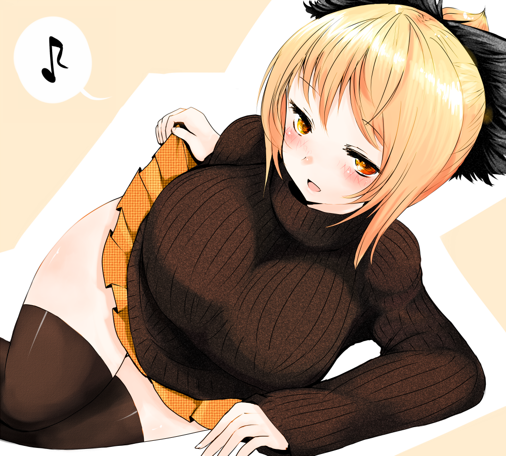 1girl alternate_costume black_legwear blonde_hair blush breasts casual curvy female hair_ribbon han_(jackpot) huge_breasts kurodani_yamame large_breasts looking_at_viewer musical_note naughty_face pleated_skirt ponytail ribbon short_hair simple_background skirt skirt_lift solo sweater thick_thighs thigh-highs thighs touhou yellow_eyes