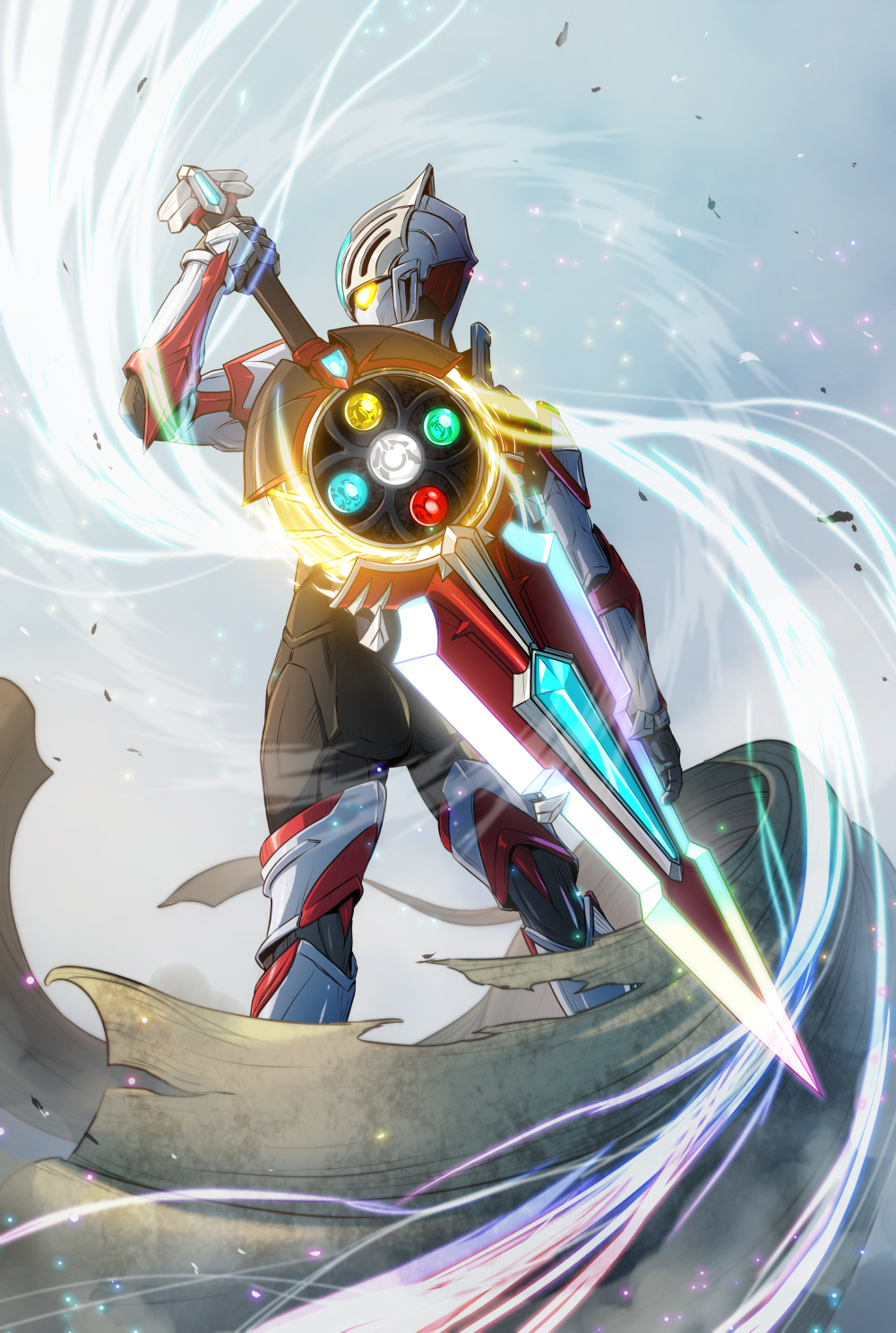1boy alien armor blue_background blue_gemstone energy fabric facing_to_the_side from_behind full_armor gem gloves glowing glowing_eyes glowing_weapon green_gemstone helmet highres holding holding_sword holding_weapon huge_weapon knight kuroda_asaki light_particles orbcalibur profile red_gemstone shoulder_pads sky solo sword tokusatsu ultra_series ultraman_(1st_series) ultraman_orb_(series) weapon weapon_behind_back weapon_focus white_gemstone white_gloves yellow_eyes yellow_gemstone