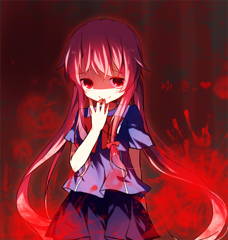 1girl bad_id blood gasai_yuno hand_to_own_mouth lowres mirai_nikki pf pink_hair red_eyes shaded_face smirk solo yandere