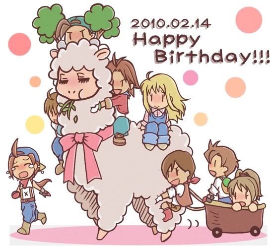 3boys 3girls ahoge alpaca blonde_hair blush bow brown_hair chewing chibi claire_(harvest_moon) closed_eyes crying dated eating happy_birthday harvest_moon hat llama long_hair mark_(harvest_moon) multiple_boys multiple_girls open_mouth pete_(harvest_moon) pony_(harvest_moon) ponytail sara_(harvest_moon) short_hair tears tony_(harvest_moon) |_|