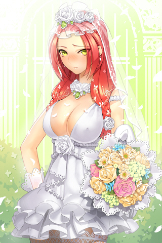 1girl blush bouquet braid breasts bridal_veil choker cleavage daisy dress earrings flower frills gathers gloves jaina_preventer jewelry jeyina lace large_breasts long_hair lowres necklace redhead rose solo sword_girls thigh-highs twin_braids veil wedding_dress yellow_eyes