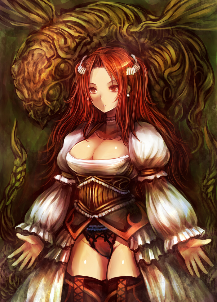 1girl boots breasts cameltoe cleavage corset dress earrings groin hair_ornament insect jewelry kara_(color) large_breasts long_hair mound_of_venus necklace original panties puffy_sleeves red_eyes redhead solo thigh-highs thigh_boots underwear