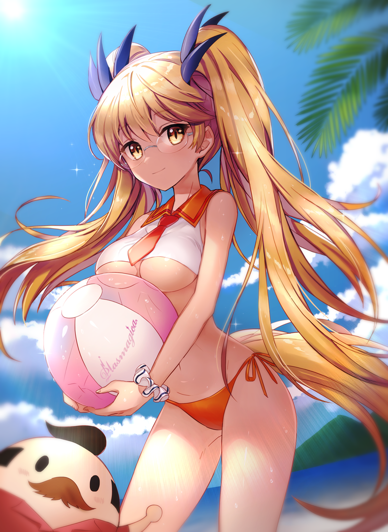 1boy 1girl adapted_costume arisugawa_maple azure090 ball beachball black_hair blonde_hair blue_ribbon blurry blush breasts closed_mouth clouds dark_skin day depth_of_field dog_tail dutch_angle eyebrows eyebrows_visible_through_hair facial_hair glasses group_name hair_ribbon head_tilt holding long_hair medium_breasts mustache navel necktie orange_bikini_bottom outdoors red_necktie red_shirt retoree ribbon rimless_glasses scrunchie shirt short_necktie short_sleeves show_by_rock!! side-tie_bottom sky smile solid_oval_eyes sparkle sun sunlight sweat tail twintails underbust very_long_hair water wrist_scrunchie yellow_eyes