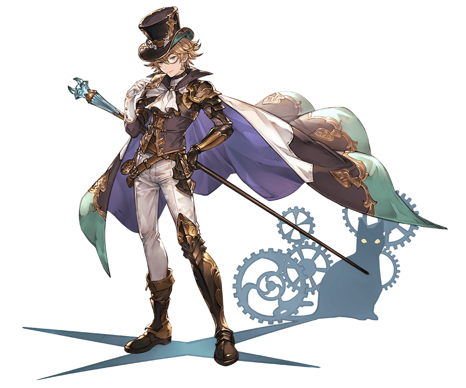 1boy alpha_transparency blonde_hair blue_eyes cape card cat cravat different_shadow gears gloves granblue_fantasy hat kaitou_chat_noir male_focus minaba_hideo monocle official_art solo top_hat white_gloves