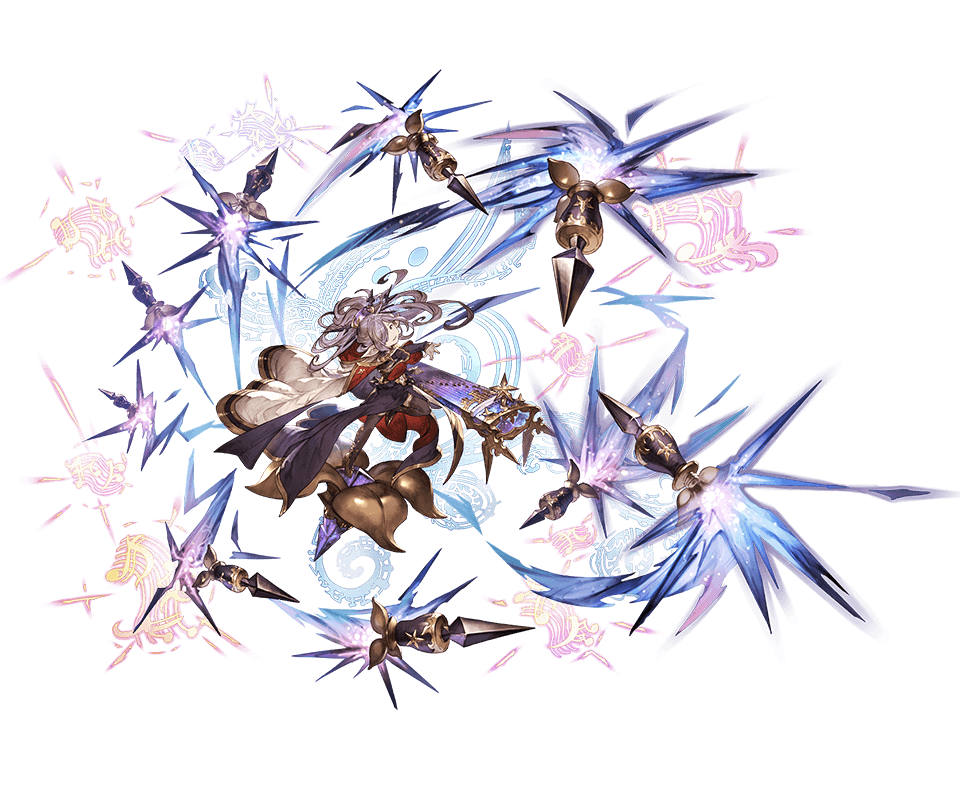 1girl cape floating_hair full_body gloves granblue_fantasy hair_ornament hair_stick harbin instrument koto_(instrument) long_hair minaba_hideo music musical_note navel navel_cutout nio_(granblue_fantasy) official_art playing_instrument purple_hair simple_background solo staff_(music) thigh-highs transparent_background violet_eyes