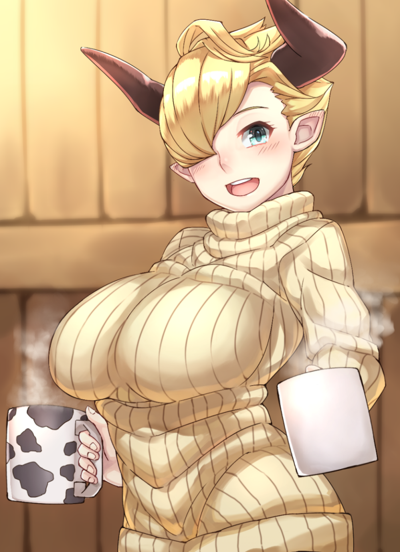 1girl :d blonde_hair blush breasts casual cow_print cup doraf granblue_fantasy hair_over_one_eye holding horns laguna_(granblue_fantasy) large_breasts long_hair long_sleeves looking_at_viewer michihasu mug one_eye_covered open_mouth pointy_ears ribbed_sweater short_hair smile solo steam sweater turtleneck turtleneck_sweater upper_body wooden_floor