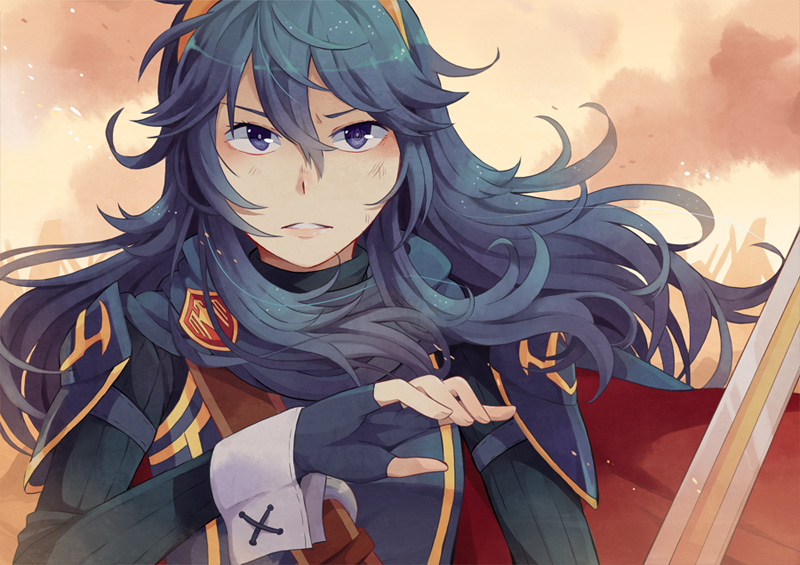 1girl armor blue_eyes blue_hair cape dirty emblem fingerless_gloves fire_emblem fire_emblem:_kakusei gloves hairband long_hair lucina shoulder_pads solo suikka sword upper_body weapon wrist_cuffs