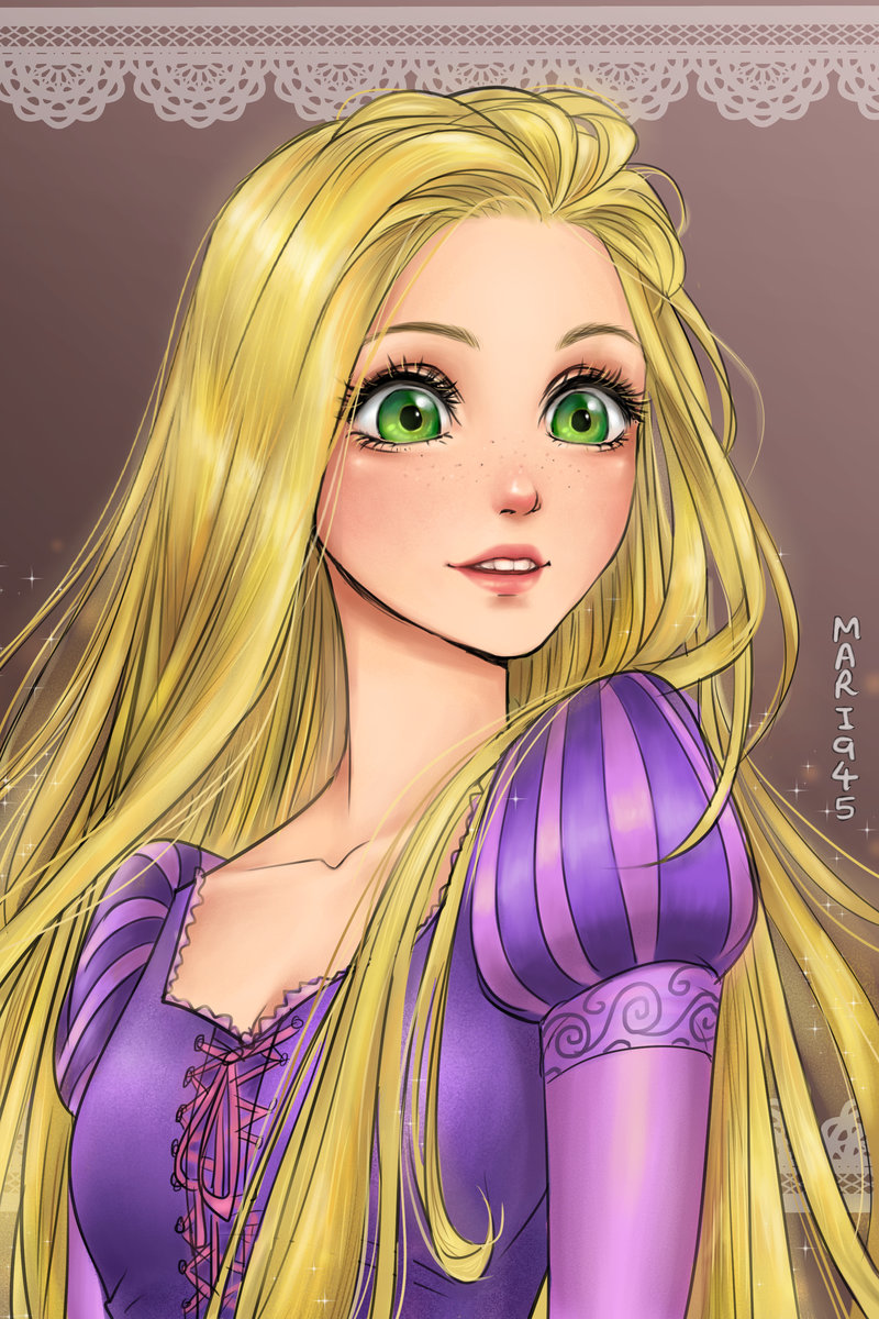 1girl artist_name bangs blonde_hair blush collarbone freckles green_eyes highres juliet_sleeves lips long_hair long_sleeves mari945 open_mouth puffy_sleeves rapunzel_(disney) ribbon sidelocks solo sparkle tangled teeth very_long_hair