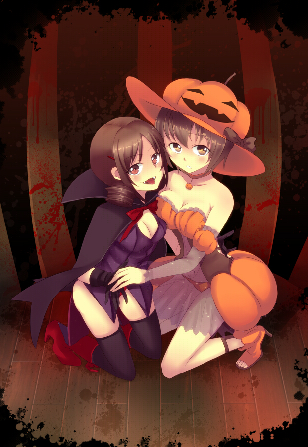 2girls ass bad_id bare_shoulders blood breasts brown_eyes brown_hair cape choker cleavage corpse_party costume curly_hair detached_sleeves dress fangs gloves hair_ornament hairpin halloween hat high_heels jack-o'-lantern kneeling long_hair multiple_girls nakashima_naomi open_mouth open_shoes pumpkin pumpkin_hat rosa_tsubomi shinohara_seiko shoes short_hair strapless_dress thigh-highs tongue vampire yellow_eyes