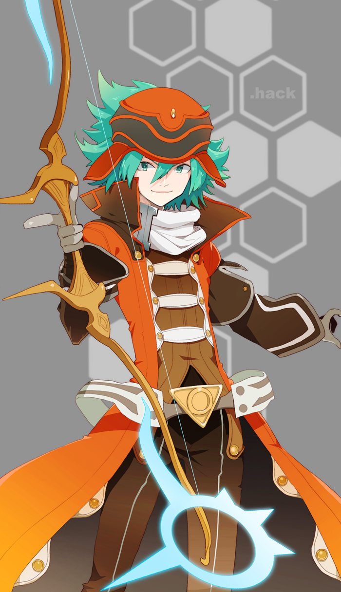 .hack// .hack//link 1boy akiyoshi_nozomu aqua_eyes aqua_hair bandai belt bow_(weapon) coat cyber_connect_2 gloves grey_background hat highres honeycomb_background honeycomb_pattern kite_(.hack//) male_focus solo weapon