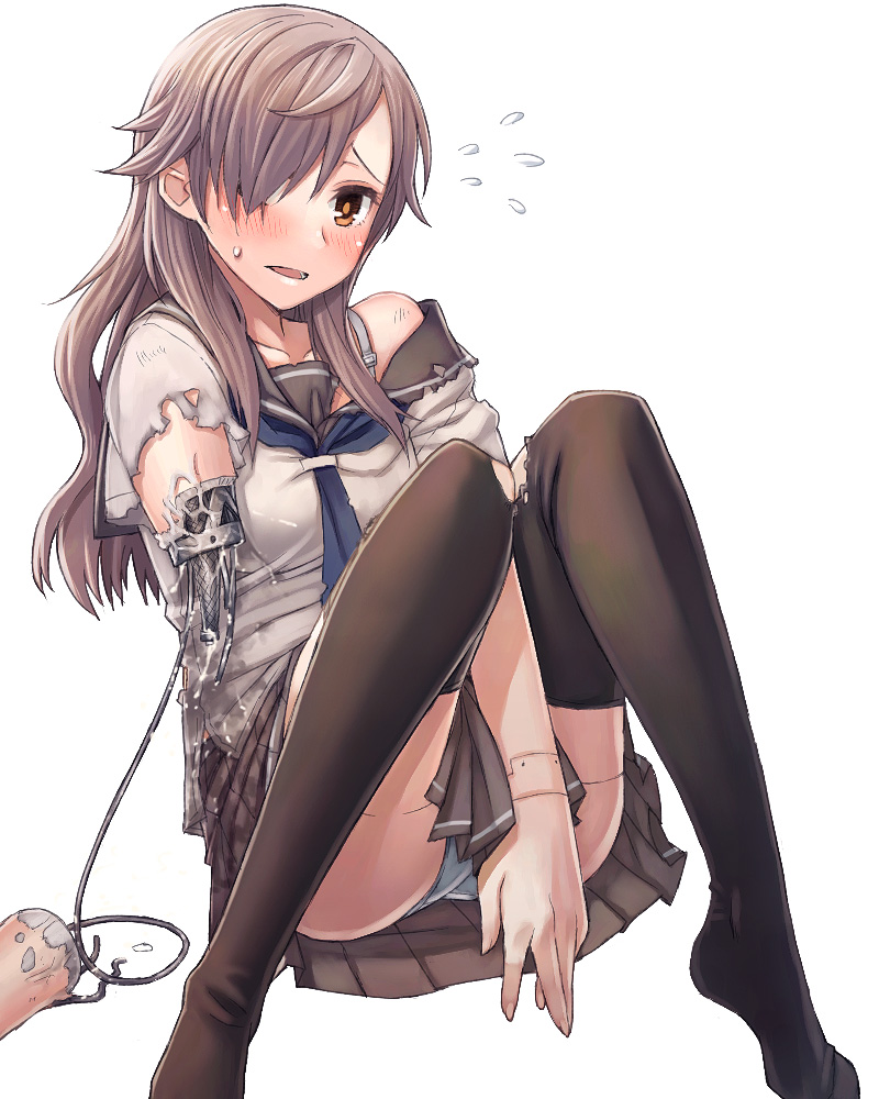 1girl amputee android android_girl_(itou) between_legs black_legwear blue_panties bra bra_strap breasts brown_hair bruise covering covering_crotch damaged disembodied_limb electricity flying_sweatdrops hair_over_one_eye hand_between_legs injury itou_(onsoku_tassha) knees_up long_hair looking_at_viewer miniskirt neckerchief no_shoes off_shoulder one_eye_covered original panties pantyshot pantyshot_(sitting) parts_exposed pleated_skirt robot_joints school_uniform serafuku shirt short_sleeves simple_background sitting skirt small_breasts solo thigh-highs torn_clothes torn_shirt torn_thighhighs underwear wet wet_clothes wet_shirt wet_skirt white_background white_bra wire