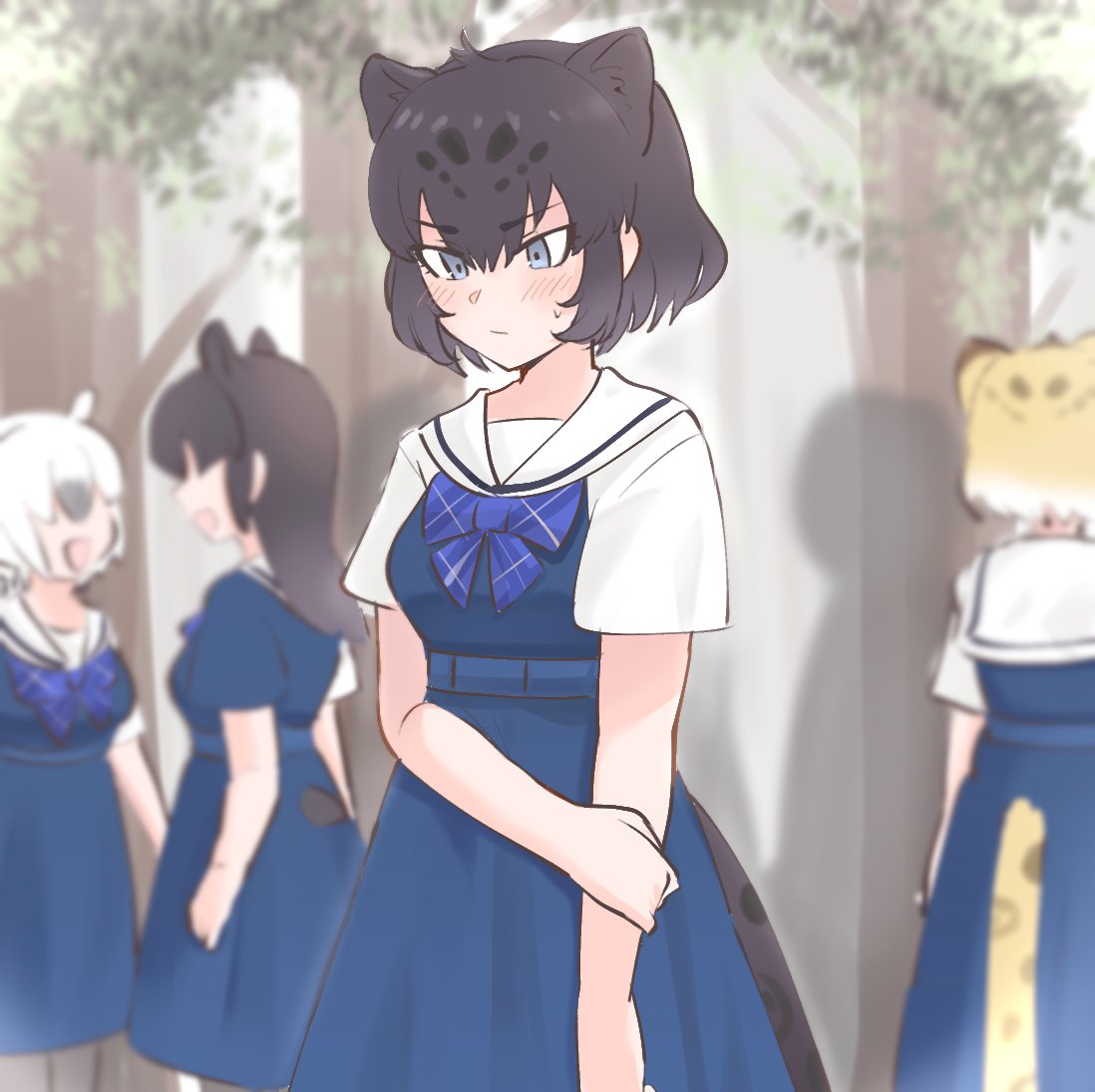 4girls animal_ears anteater_ears black_hair black_jaguar_(kemono_friends) blonde_hair blue_bow blue_bowtie blue_dress blue_eyes blush bow bowtie commentary_request dress extra_ears eyebrows_visible_through_hair holding_own_arm jaguar_(kemono_friends) jaguar_ears jaguar_girl jaguar_print jaguar_tail kemono_friends kemono_friends_3 long_hair looking_down malayan_tapir_(kemono_friends) matching_outfit multiple_girls official_alternate_costume plaid plaid_bow plaid_bowtie sailor_collar sailor_dress school_uniform short_hair short_sleeves southern_tamandua_(kemono_friends) tail tapir_ears tapir_girl tmtkn1 white_hair white_sleeves