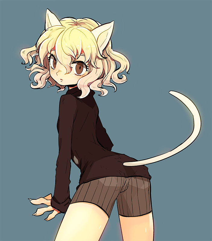 1boy androgynous animal_ears ass bad_id bike_shorts blonde_hair brown_eyes cat_ears cat_tail dadami hunter_x_hunter looking_back male_focus nefelpitou neferpitou short_hair shorts solo tail trap