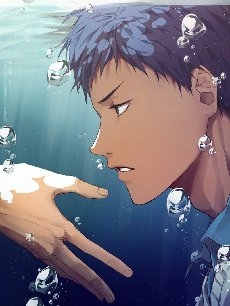 1boy air_bubble aomine_daiki blue_eyes blue_hair blue_shirt bubble chinese_commentary collared_shirt dark-skinned_male dark_skin kuroko_no_basuke looking_to_the_side male_focus parted_lips portrait profile shirt short_hair submerged underwater water xuan_zhi_yue_ying