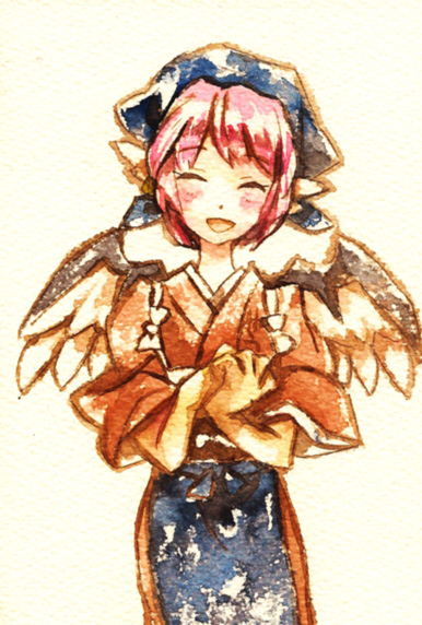 1girl ^_^ animal_ears blush closed_eyes female hands_together hat head_scarf japanese_clothes mystia_lorelei okamisty own_hands_together pink_hair shinoasa short_hair smile solo tasuki touhou traditional_media wings