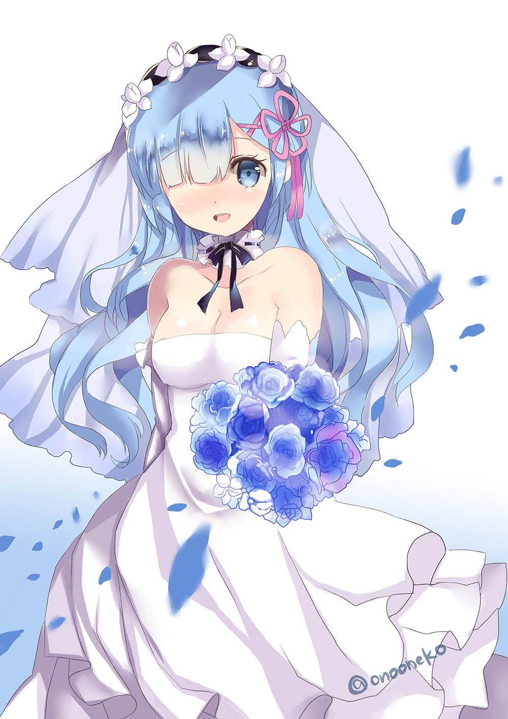 blue_eyes blue_hair blush dress re:zero_kara_hajimeru_isekai_seikatsu rem_(re:zero) short_hair smile veil wedding_dress