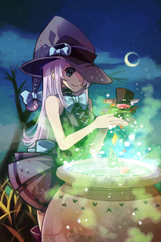 1girl cauldron cauldron_witch chris4708 dress halloween hat long_hair lowres pumpkin solo sword_girls witch witch_hat