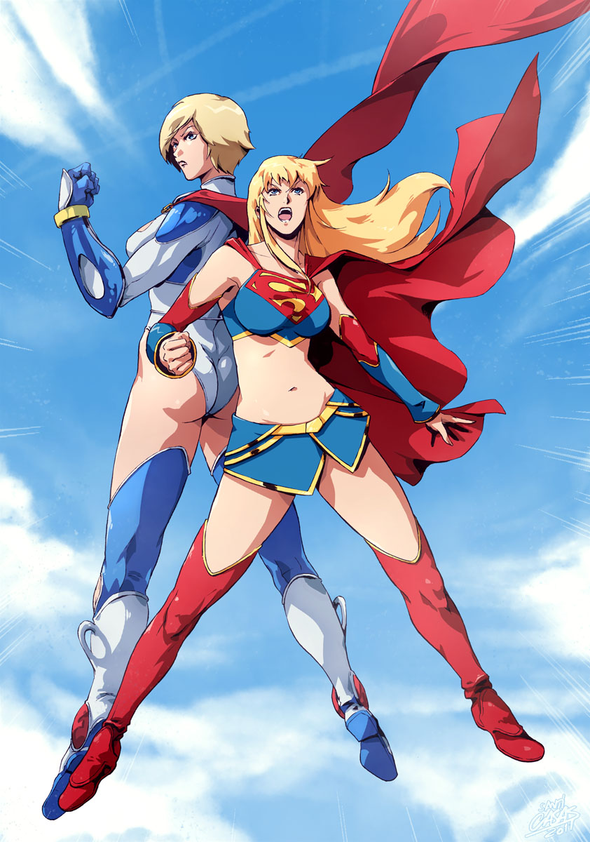 1boy 1girl alien ame-comi ass back back-to-back blonde_hair blue_eyes boots breasts cape crop_top dc_comics detached_sleeves female flying green_eyes halter_top halterneck highres kryptonian leotard long_hair midriff miniskirt navel power_girl red_cape red_shoes s_shield santi_casas shirt shoes shouting skirt smile supergirl superman_(series) taut_clothes taut_shirt thigh-highs thigh_boots
