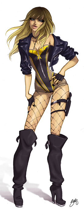 1girl alternate_costume babs_tarr bangs bare_shoulders black_canary blonde_hair blue_eyes boots breasts cleavage cropped_jacket dagger dc_comics fingerless_gloves fishnet_pantyhose fishnets full_body gloves half-closed_eyes hand_on_hip hand_on_thigh high_heel_boots high_heels holster jacket jewelry leaning leather leather_jacket leotard lips long_hair mole necklace off_shoulder open_clothes open_jacket pantyhose parted_lips shadow sheath sheathed signature simple_background sleeves_pushed_up slender_waist small_breasts solo standing strapless superhero thigh-highs thigh_boots thigh_holster thigh_strap weapon white_background wide_hips zipper