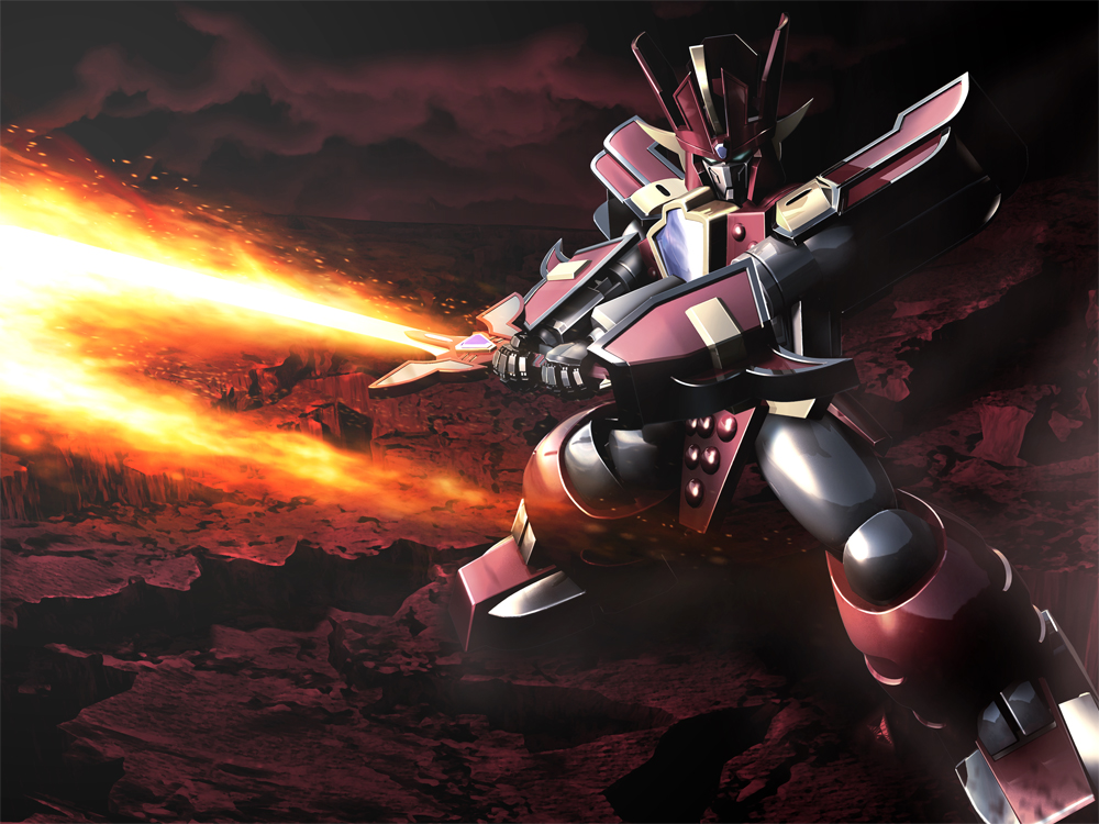 80s 90s canyon clouds fire granzort itsuki_(ituki4) madou_king_granzort mecha no_humans oldschool red solo sword weapon