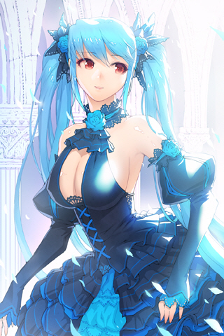 1girl bare_shoulders blue_dress blue_eyes blue_hair breasts choker cleavage detached_sleeves dress elbow_gloves gloves halterneck large_breasts lolita_fashion long_hair lowres luthica_preventer red_eyes smile solo sword_girls twintails very_long_hair