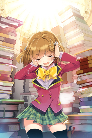 1girl black_legwear blazer blonde_hair blush book book_stack bow bowtie brown_hair cherrypin closed_eyes covering_ears frustrated hair_ornament library long_sleeves lowres lucca plaid plaid_skirt school school_uniform short_hair skirt solo sword_girls tears thigh-highs too_many tower_of_books zettai_ryouiki