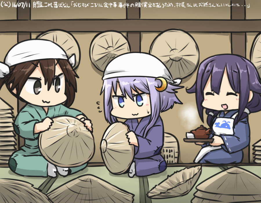 3girls :3 :d ahoge alternate_costume apron brown_hair closed_eyes commentary_request crescent crescent_hair_ornament cup dated eyebrows eyebrows_visible_through_hair flying_sweatdrops hair_between_eyes hair_ornament hair_ribbon hamu_koutarou hat head_scarf kantai_collection long_hair long_sleeves low_twintails multiple_girls open_mouth patches purple_hair ribbon rice_hat short_hair_with_long_locks sidelocks sitting smile taigei_(kantai_collection) teacup teapot tone_(kantai_collection) tray twintails yayoi_(kantai_collection)