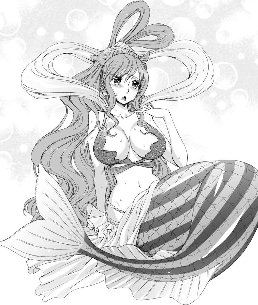 1girl arm_support arm_up bikini_top blush breasts breasts_apart bubble cleavage curvy earrings female fish fish_tail fishman_island giantess hair_rings hanzaki_jirou huge_breasts jewelry large_breasts long_hair md5_mismatch mermaid monochrome monster_girl navel one_piece open_mouth scales seashell shell shirahoshi sitting solo sweat tears wavy_hair