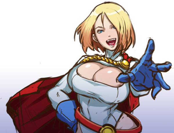 1girl alien belt beltskirt blonde_hair blue_eyes blue_gloves breasts butcha-u cape cleavage cleavage_cutout dc_comics fang female gloves kryptonian large_breasts leotard power_girl red_cape solo