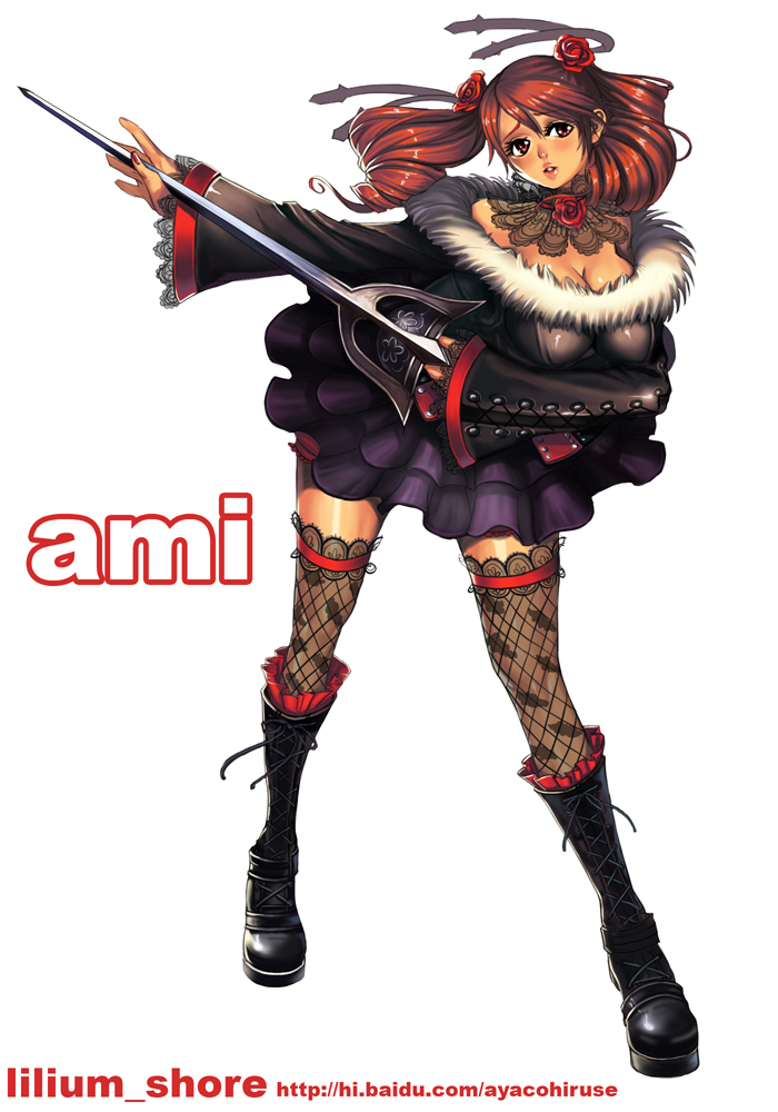 1girl amy_sorel bare_shoulders boots breasts character_name choker dress drill_hair fishnet_legwear fishnets flower fur_trim gothic_lolita lace lilim_shore lolita_fashion red_eyes red_rose redhead rose short_twintails solo soul_calibur soulcalibur soulcalibur_iv sword thigh-highs twintails weapon
