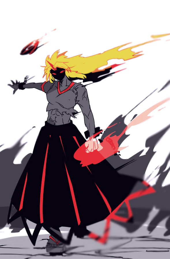 1girl abs bad_id blonde_hair chains chikage_(kinokodou) clenched_hand cuffs female fire flame glowing glowing_eyes horn hoshiguma_yuugi light_trail long_hair long_skirt muscle red_eyes sakazuki skirt solo throwing torn_clothes touhou very_long_hair