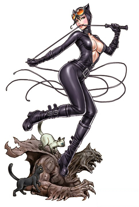 1girl animal animal_ears bangs batman batman_(series) belt black_hair bodysuit boots breasts cape cat catwoman claws cleavage clenched_teeth collar dc_comics fake_animal_ears full_body gargoyle gloves goggles goggles_on_head green_eyes high_heels hood knee_boots leg_lift lipstick looking_at_viewer makeup mouth_hold muscle naughty_face no_bra open_clothes open_mouth platform_footwear selina_kyle shoes simple_background skin_tight solo standing standing_on_one_leg statue strap superhero teeth tongue torn_clothes unzipped weapon whip white_background yamashita_shun'ya zipper