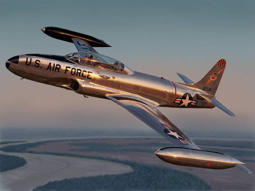 1boy airplane drop_tank f-80 f-80_shooting_star flying fuyunobu jet military original p-80 p-80_shooting_star photorealistic pilot realistic river sky solo star t-33