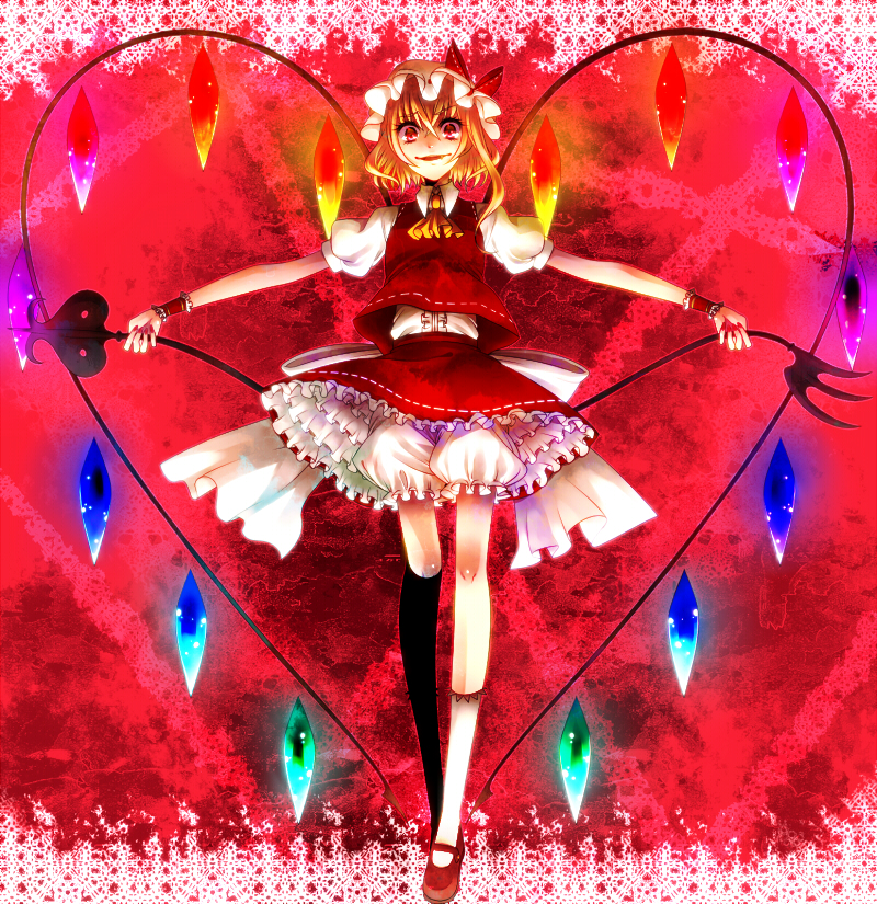 1girl bad_id blonde_hair bloomers blush dress female fingernails flandre_scarlet hat heart laevatein lance large_wings legs long_legs polearm raised_eyebrow red_eyes red_shoes shoes short_hair side_ponytail skinny solo the_embodiment_of_scarlet_devil touhou trident underwear walking weapon wings yutazou