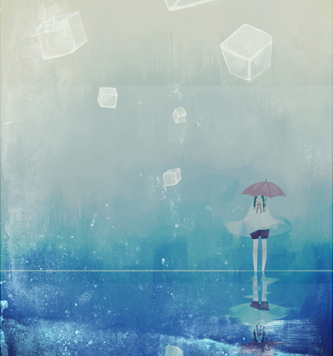 1girl bad_id cube dress experimental kasako lowres rain solo umbrella