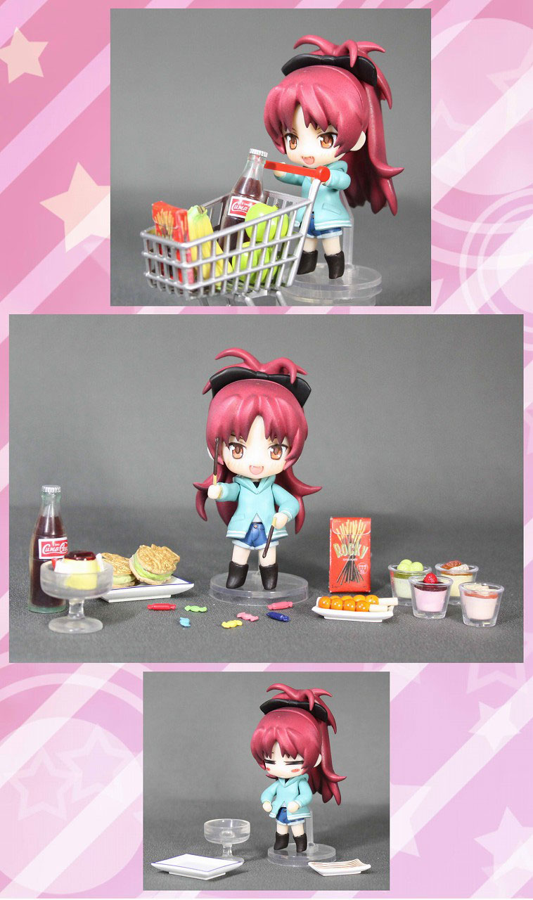 1girl =_= blush_stickers chibi coca-cola figure food highres mahou_shoujo_madoka_magica nendoroid photo pocky sakura_kyouko shopping shopping_cart unknown_modeler_of_2ch_sakura_kyouko_thread