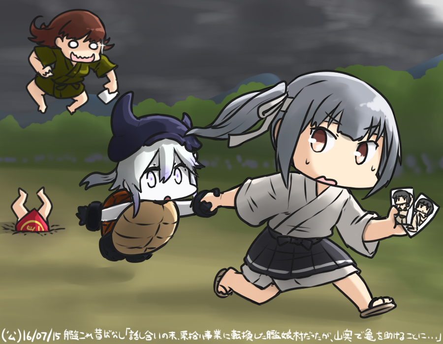 4girls brown_eyes commentary_request dated destroyer_hime dudou fleeing gloves hachimaki hair_between_eyes hamu_koutarou hat headband inugami-ke_no_ichizoku_pose kagerou_(kantai_collection) kantai_collection kasumi_(kantai_collection) kitakami_(kantai_collection) long_hair multiple_girls open_mouth photo_(object) pleated_skirt shinkaisei-kan side_ponytail silver_hair skirt sweat turtle_shell white_hair white_skin