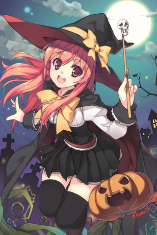1girl :d black_legwear cape clouds dress grave halloween hat jack-o'-lantern long_hair lowres moon night night_witch nytitch open_mouth pink_hair pumpkin red_eyes redhead shuen sky smile solo sword_girls thigh-highs witch witch_hat zettai_ryouiki