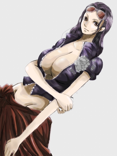 1girl black_hair blue_shirt breasts brown_eyes cleavage collarbone crop_top dutch_angle female floral_print flower glasses glasses_on_head grey_background groin hair_slicked_back huge_breasts long_hair looking_at_viewer lowleg midriff nico_robin no_bra no_panties one_piece open_clothes open_shirt red_skirt revealing_clothes sannjidaisuki sarong shiny shiny_hair shirt short_sleeves simple_background skirt solo sunglasses sunglasses_on_head timeskip unzipped zipper