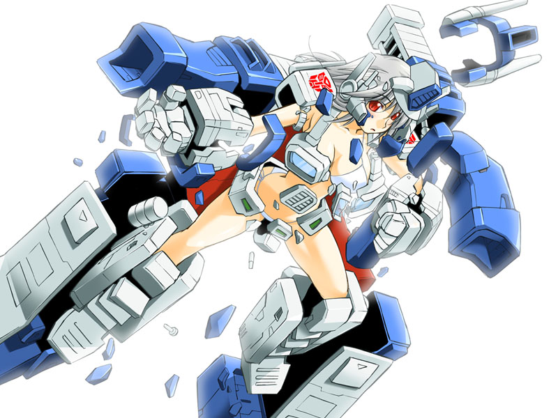 1girl armor autobot bikini_armor breasts cleavage grey_hair kageyama_shinobi large_breasts mecha_musume personification red_eyes silver_hair solo transformers ultra_magnus