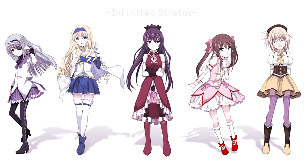 5girls akemi_homura akemi_homura_(cosplay) blonde_hair blue_eyes boots brown_hair cape cecilia_alcott charlotte_dunois closed_eyes cosplay eyepatch green_eyes headband huang_lingyin infinite_stratos kaname_madoka kaname_madoka_(cosplay) laura_bodewig long_hair mahou_shoujo_madoka_magica md5_mismatch miki_sayaka miki_sayaka_(cosplay) multiple_girls pantyhose ponytail purple_hair red_eyes sakura_kyouko sakura_kyouko_(cosplay) shichouson shinonono_houki silver_hair skirt thigh-highs tomoe_mami tomoe_mami_(cosplay) twintails