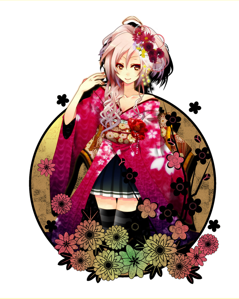 1girl ahoge bad_id flower japanese_clothes kimono pink_hair sf-a2_miki shiomizu_(swat) siomidu skirt smile socks solo striped striped_legwear thigh-highs vocaloid yellow_eyes