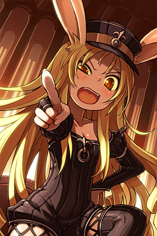 1girl anger_vein angry animal_ears bail blonde_hair bridal_gauntlets bunny_tail bunnysuit cannelle flat_chest gloves hand_on_hip hat long_hair lowres open_mouth orange_eyes pointing rabbit_ears shako_cap solo sword_girls tail uneven_eyes uniform