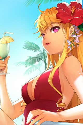 1girl :p ahoge bikini blonde_hair breasts cinia_pacifica cocktail day flower hair_flower hair_ornament hibiscus large_breasts lowres luthica outdoors solo swimsuit sword_girls tongue tongue_out violet_eyes
