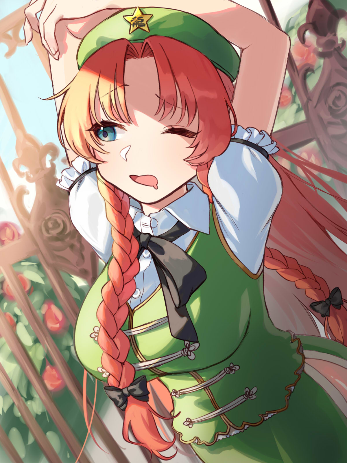 1girl arms_up blue_eyes braid breasts buttons chinese_clothes drooling eyebrows_visible_through_hair green_headwear green_skirt green_vest hat hat_ornament highres hong_meiling large_breasts long_hair mouth_drool one_eye_closed open_mouth orange_hair puffy_short_sleeves puffy_sleeves short_sleeves skirt solo star_(symbol) star_hat_ornament teruteru_(teru_teru) touhou twin_braids vest