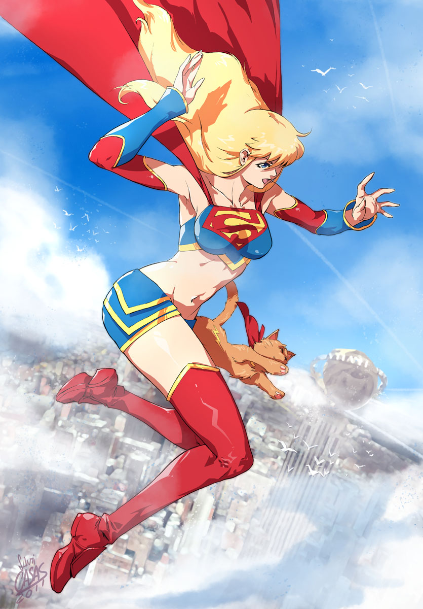 1girl alien ame-comi blonde_hair blue_eyes boots cape cat crop_top dc_comics detached_sleeves flying halter_top halterneck highres kryptonian legs long_hair long_legs midriff miniskirt navel s_shield santi_casas shirt skirt smile streaky streaky_the_supercat supergirl superman_(series) taut_clothes taut_shirt thigh-highs thigh_boots thighs