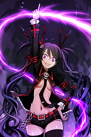 1girl arm_up bail belt black_hair black_legwear breasts chains chest hand_on_hip long_hair looking_at_viewer lowres navel necktie open_clothes pelvis pointing short_pants short_shorts shorts smile solo standing sword_girls thigh-highs thighs twintails undertaker_(sword_girls) uniform very_long_hair violet_eyes whip