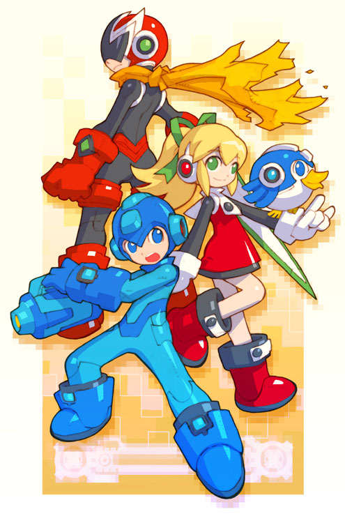 1girl 2boys :d android arm_cannon beat_(rockman) blues_(rockman) bodysuit boots capcom full_body gloves knee_boots looking_at_viewer multiple_boys nakayama_tooru open_mouth parody red_skirt rockman rockman_(character) rockman_(classic) rockman_zero roll skirt smile style_parody weapon white_gloves